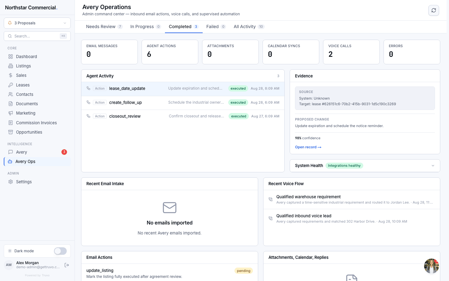 Truvo Brokerage showing an executed lease date update and the source it came from