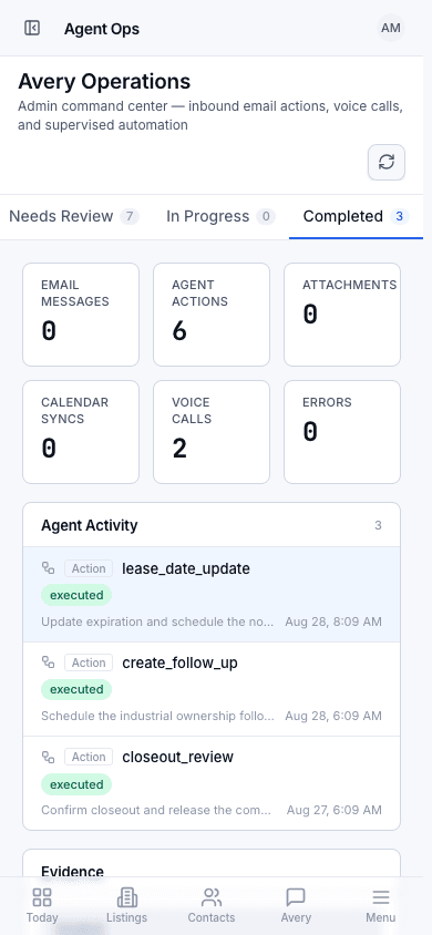 Truvo Brokerage showing an executed lease date update and the source it came from