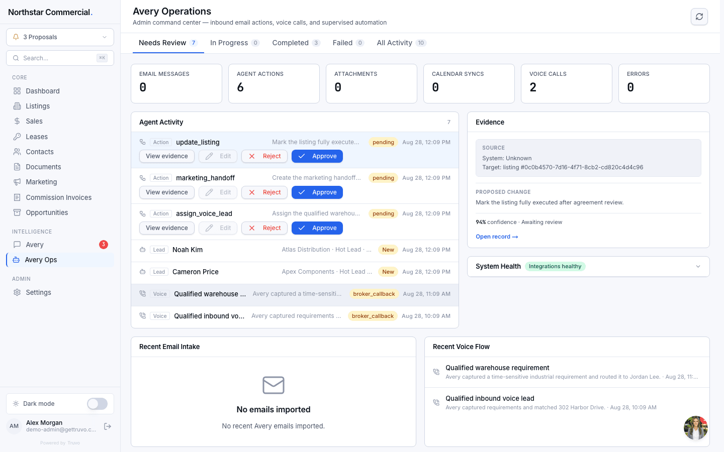 Truvo Brokerage review queue showing pending actions with approve, reject, and evidence controls