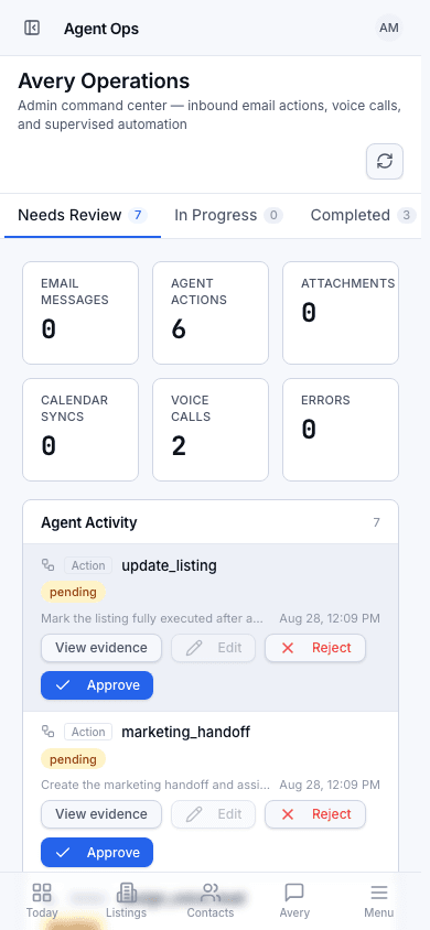 Truvo Brokerage review queue showing pending actions with approve, reject, and evidence controls