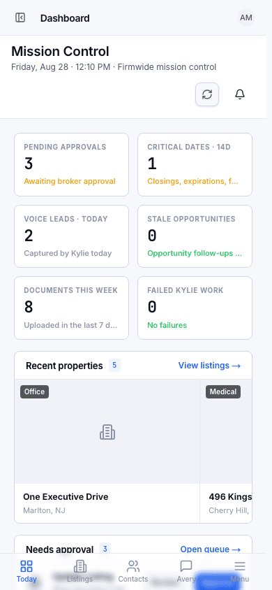 Truvo Brokerage Mission Control showing approvals, critical dates, recent properties, and voice leads